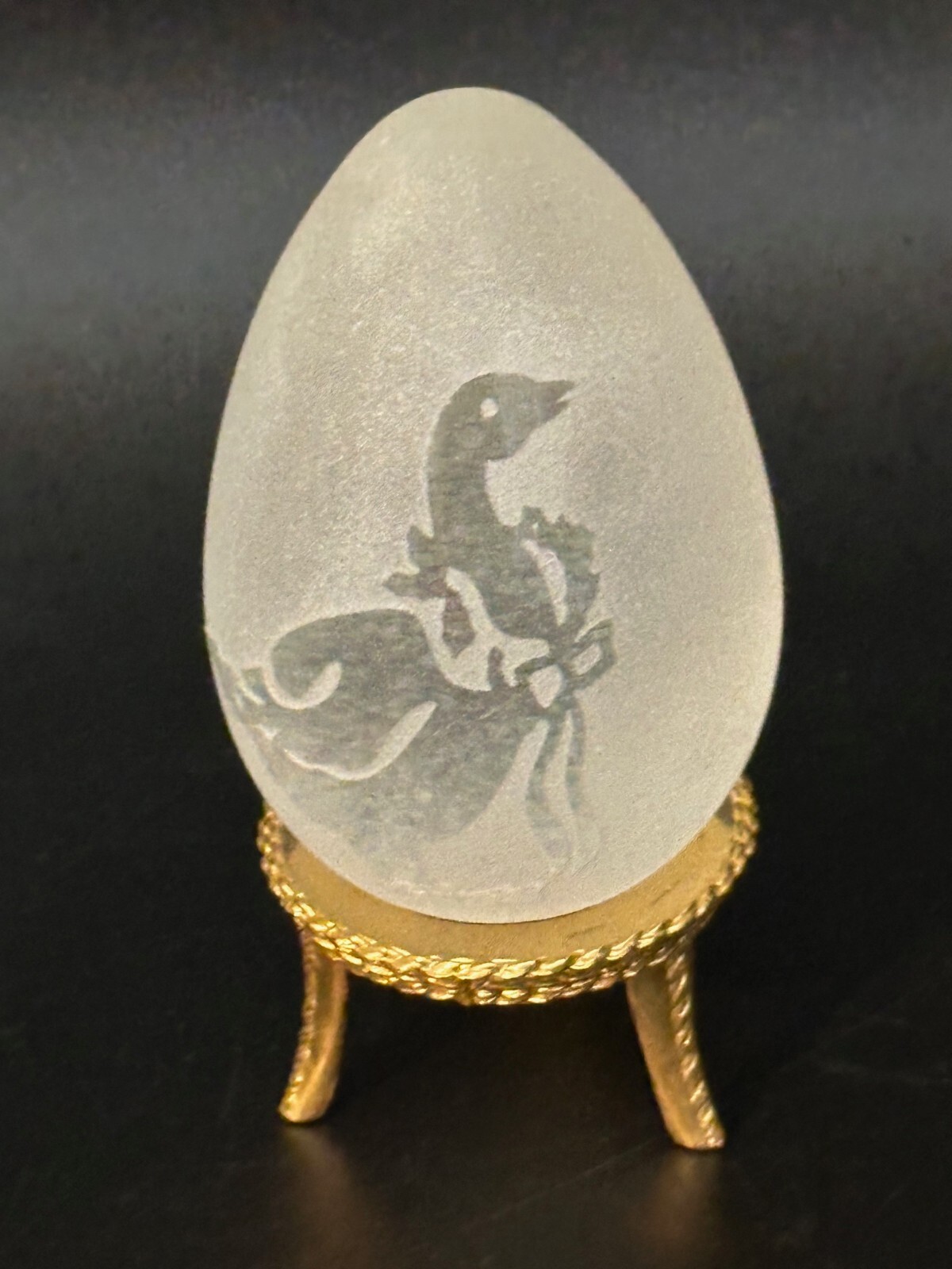 Frosted Art Glass Egg with Etched Goose Design Gold Stand Figure