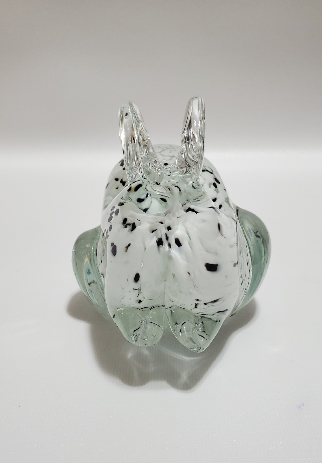 Blown Glass Bunny Rabbit Figurine, Paperweight, Black & White Speckled In Clear