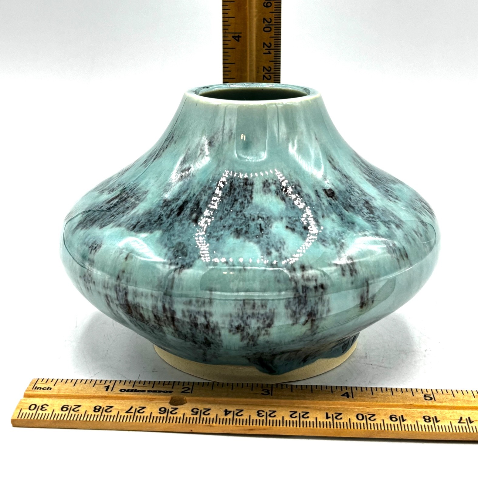 Studio Art Pottery Globe Vase Blue Ceramic Drip Glaze Signed Nicola Moore?