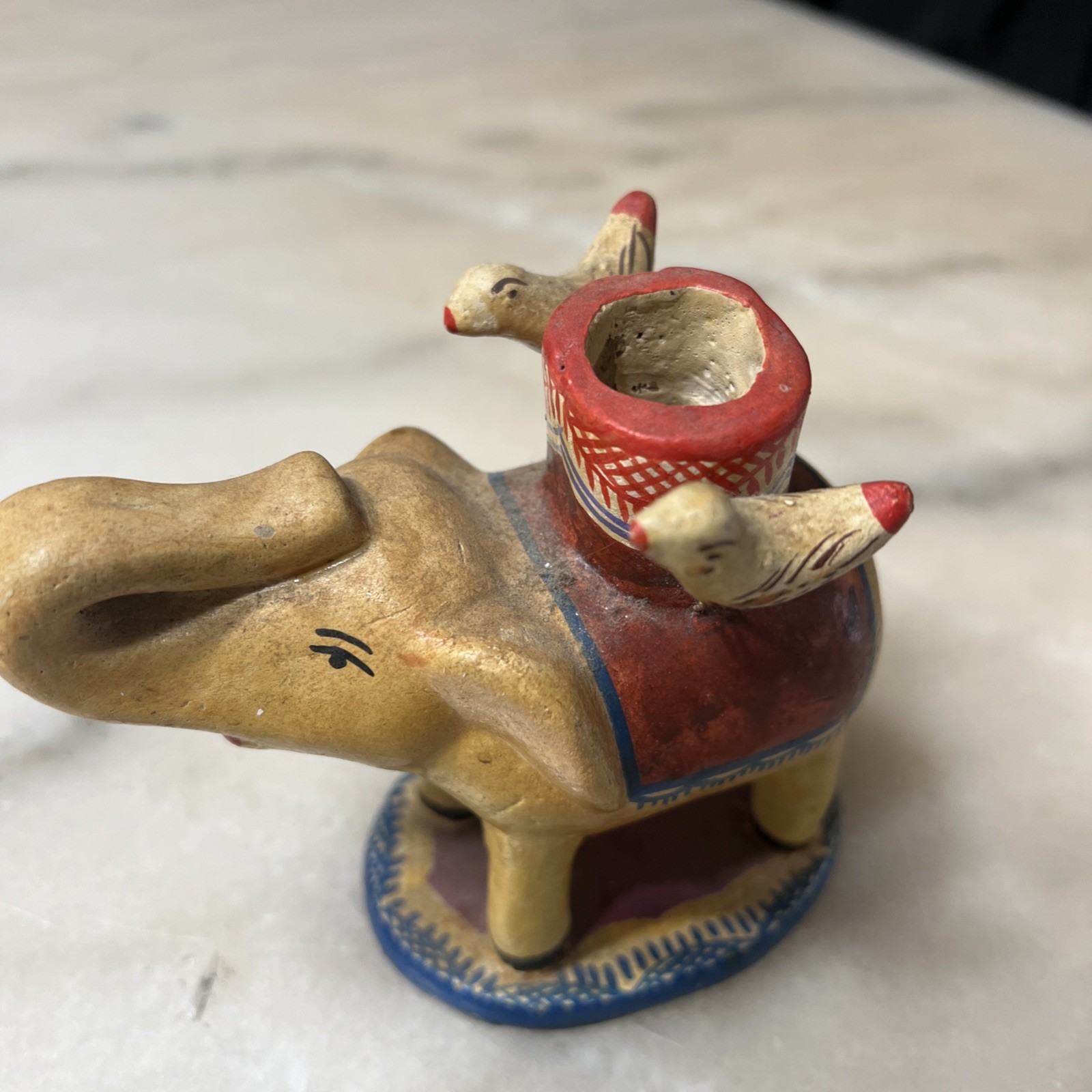 Vtg Mexican Folk Art Pottery Elephant w/ Birds Candle Holder 5″ long 4.5″ tall