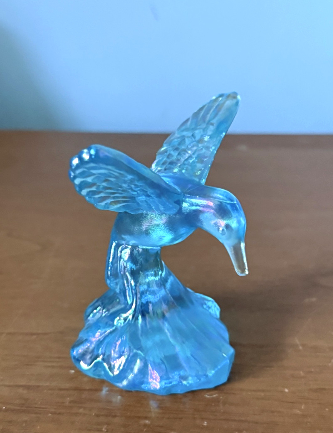 Fenton Iridescent Blue Glass Hummingbird Figurine with Label! Fenton Art Glass!