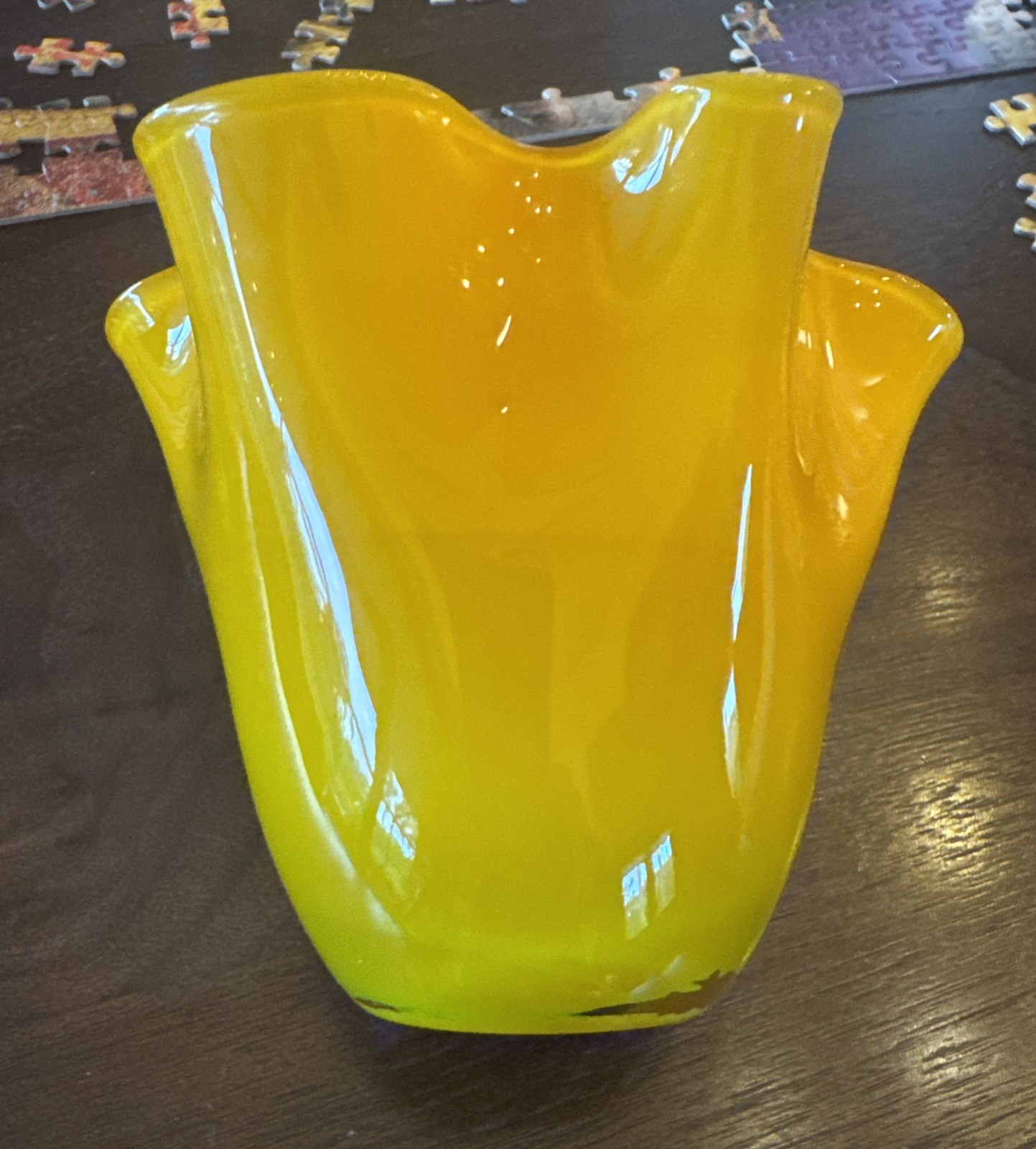 Yellow and orange blown glass handkerchief vase. 4.5 In Tall