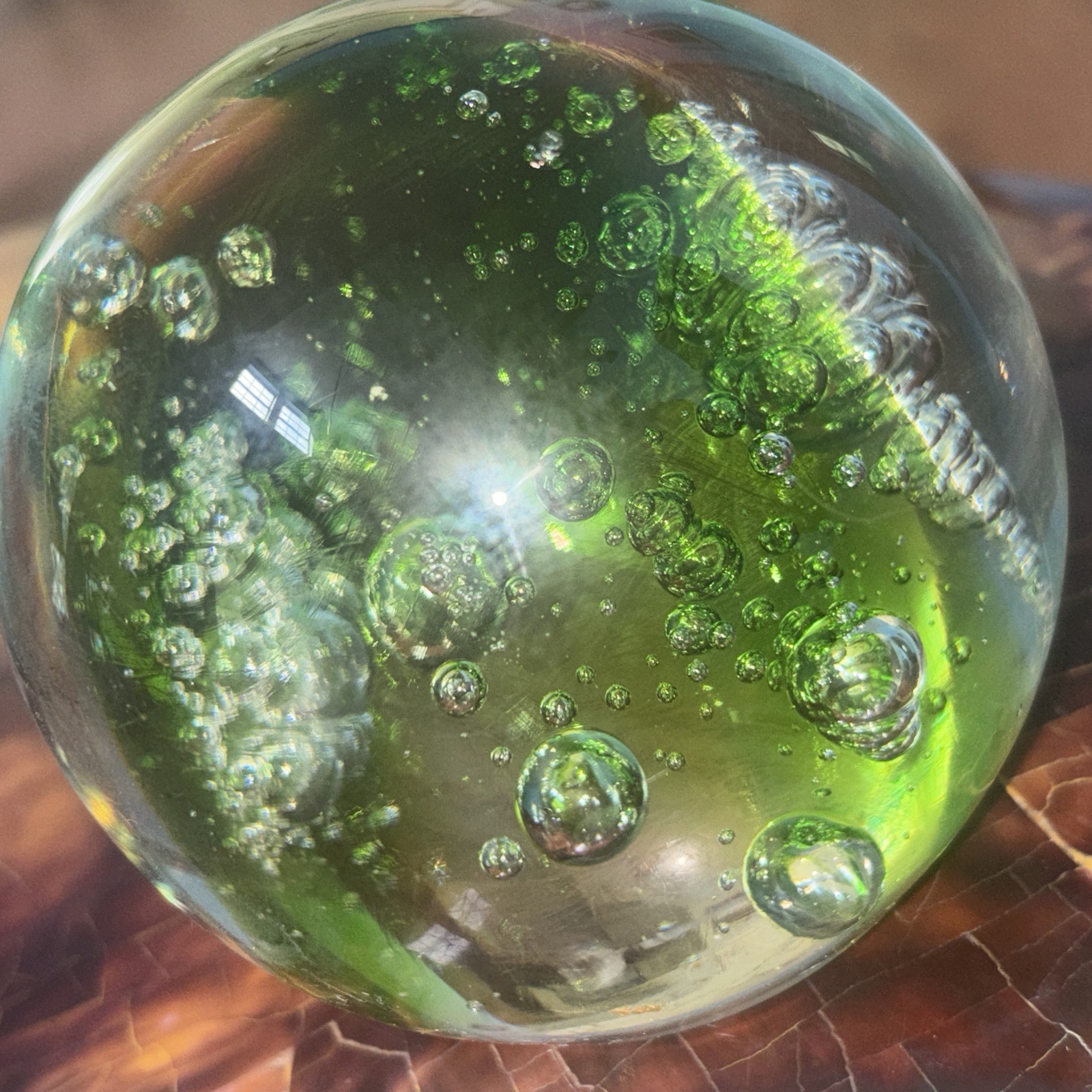 Vintage Cosmic Waters / Ocean Motif. Green Sphere Art Glass Paperweight