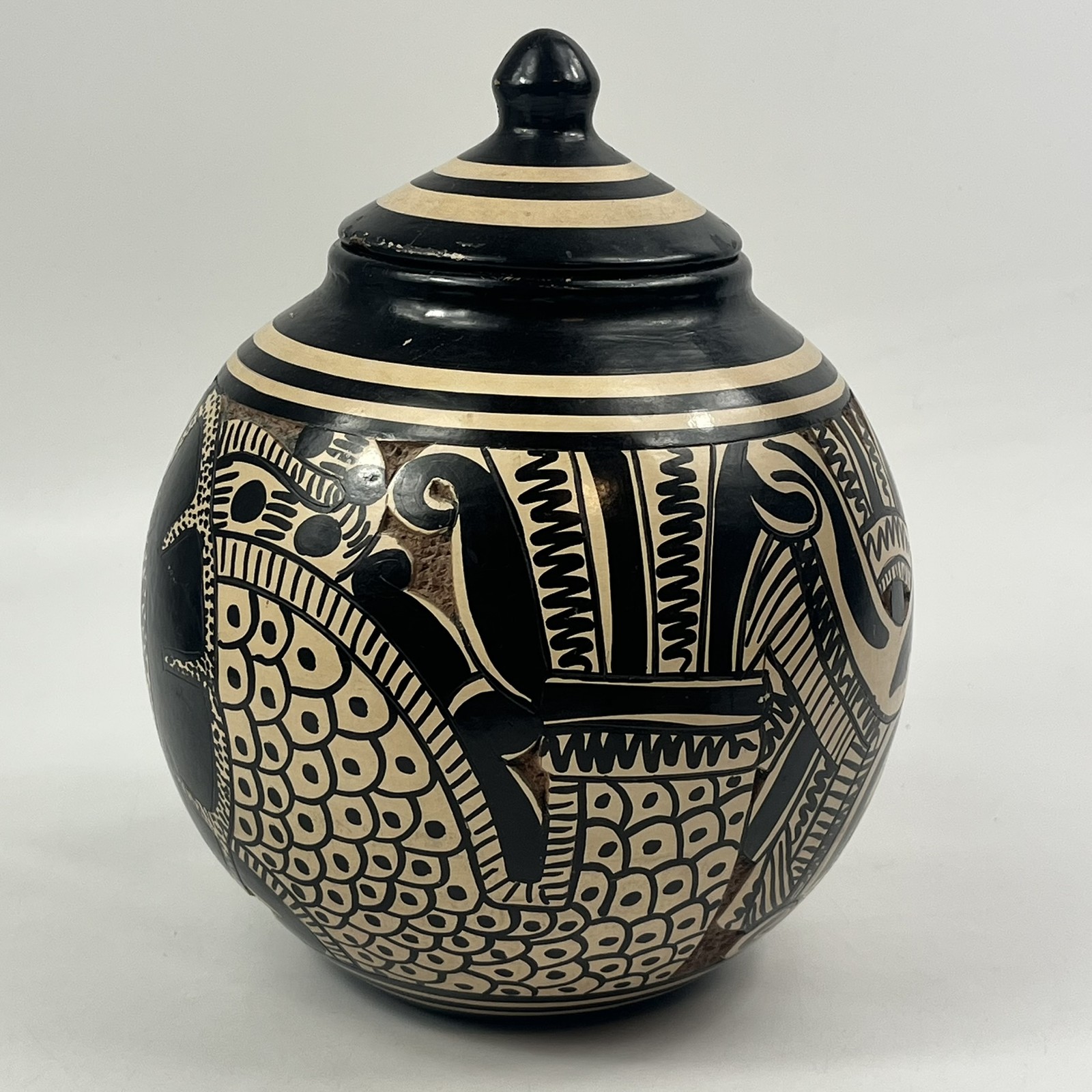 Vintage Sgraffito Pottery Lidded Jar Hand Carved Unique Handmade Black Tan Decor