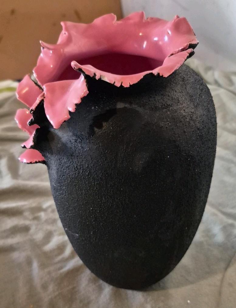 Ceramic Decorative Vase Black Pink Matte Glossy Finish with Ruffled Rim