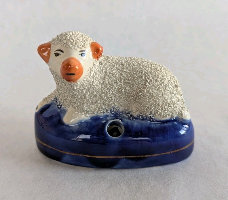 Staffordshire Victorian Sheep Ewe Pen Stand Ink Well Figure Confetti Coat