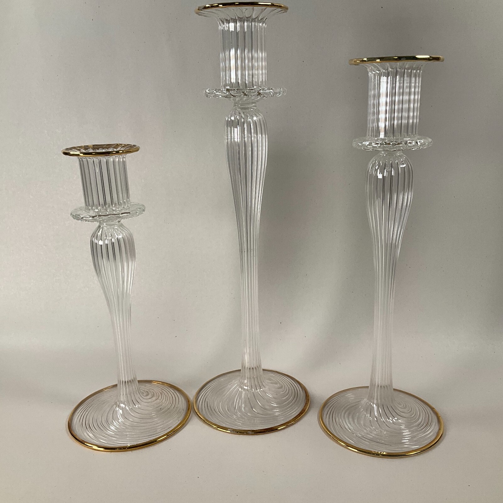 Twisted Glass Candlestick Holders Gold Trim Long Stem Set of 3 Vintage
