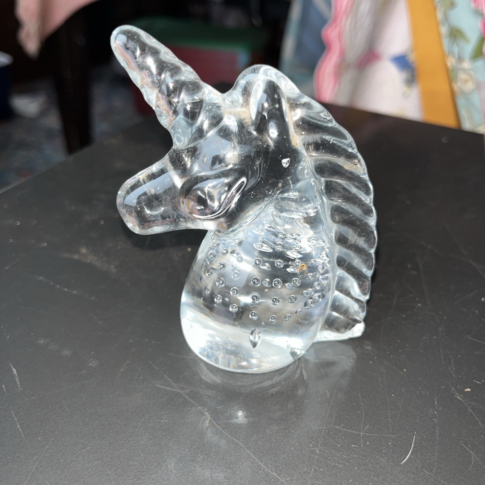 Vintage I W Rice Co (Irice) Glass Unicorn Head Paper Weight Controlled Bubbles