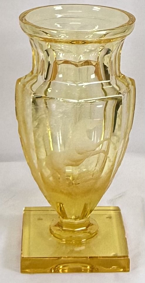 Moser Jumping Horse Vase Elder Yellow Engraved Potash Glass 12in