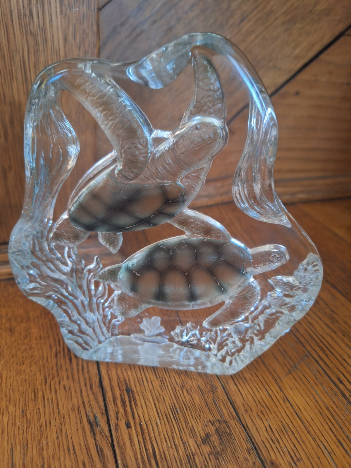 Vintage Green & Clear Blown Glass Sea Turtle Paperweight