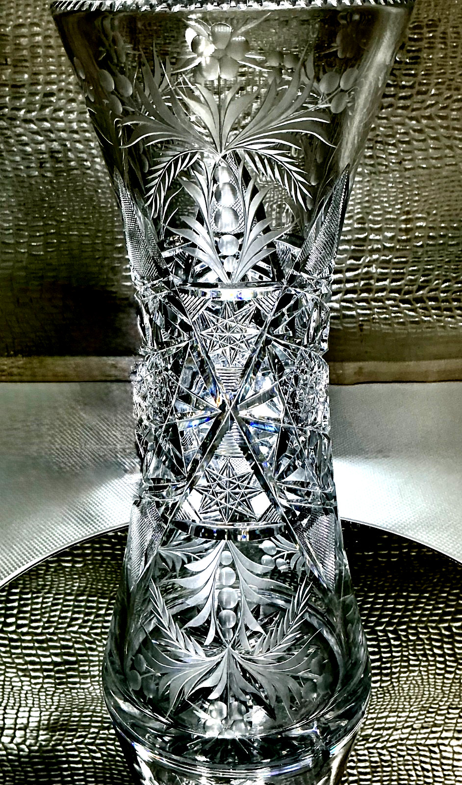 Tuthill Signed American Brilliant Period ABP 12” Cut Glass Crystal Corset Vase