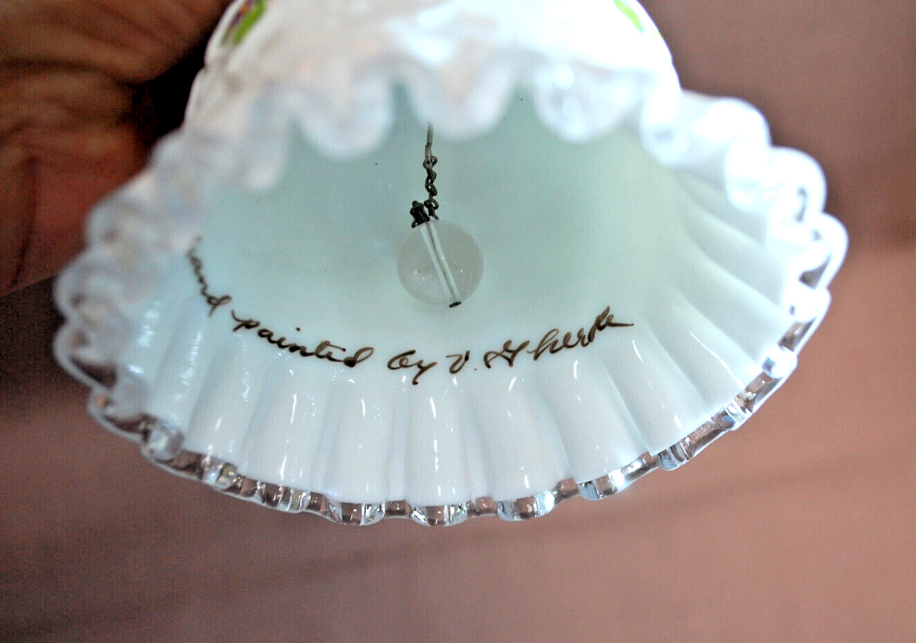 Fenton Silver Crest Bell Violets In The Snow Hand-Painted, Signed Vintage T1677