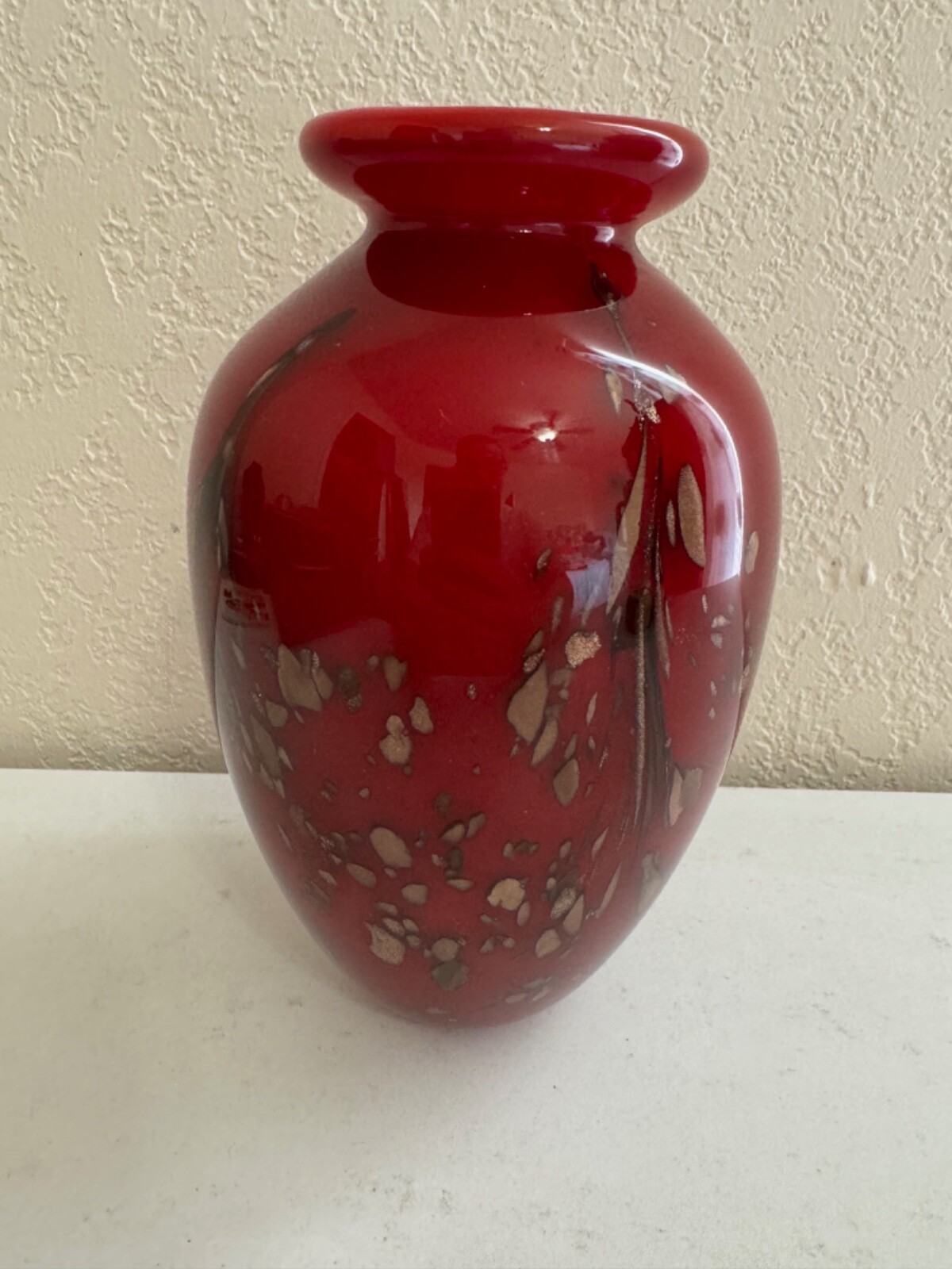 Blown Art Glass Red Vase w/ Gold / Copper Speckles