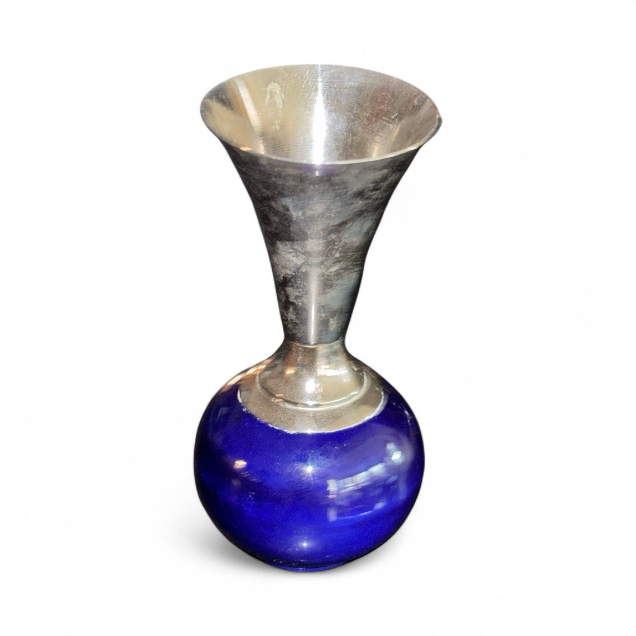 Vtg UCAGCO 6 inch Cobalt Blue Glass And Metal Bud Vase Holland Original Sticker