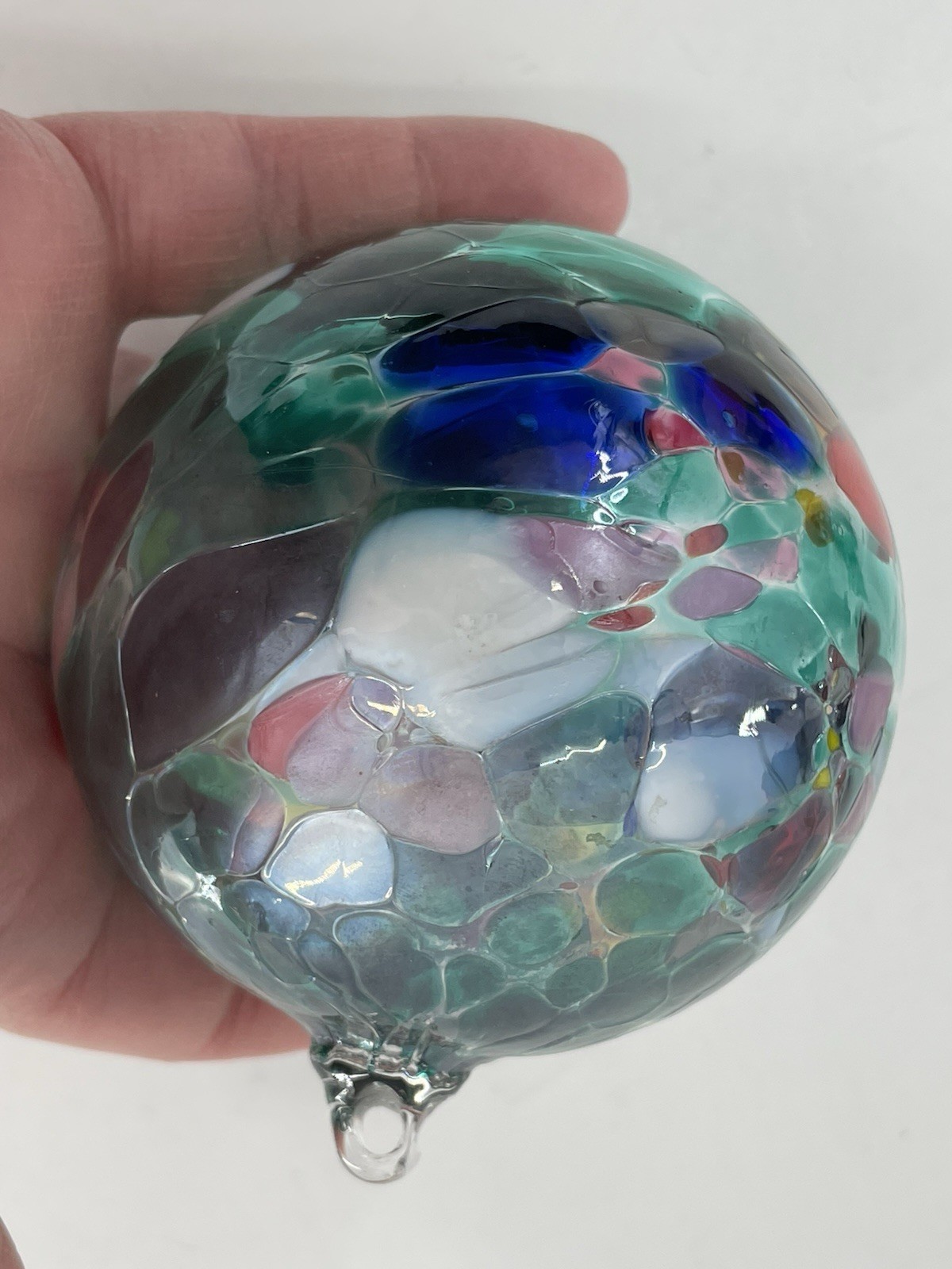 Handblown Art Glass Ornament Orb Artist Made Teal Multi Color 3” Suncatcher