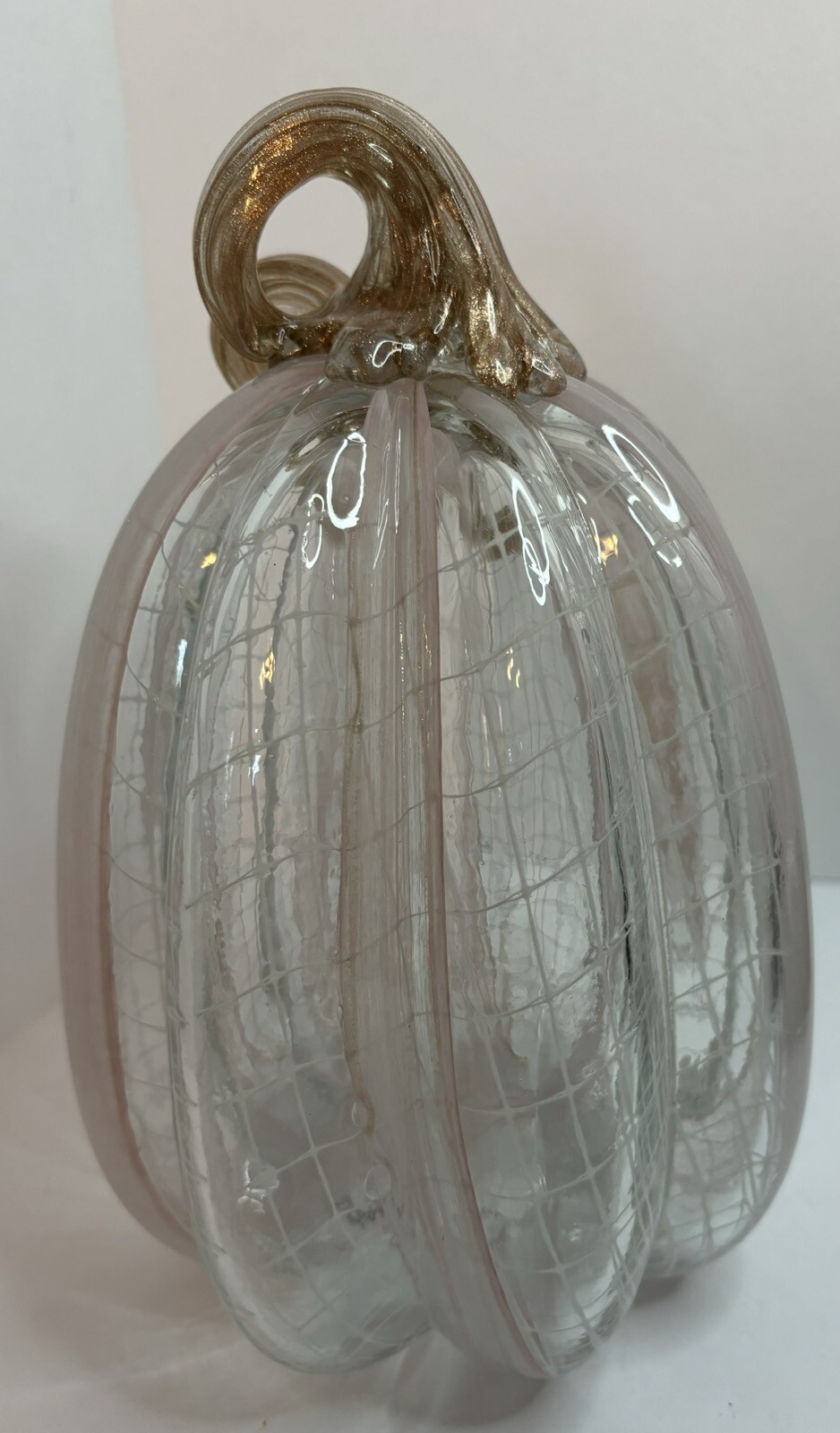 BLOWN GLASS CLEAR, WHITE, GOLD, LIGHT PINK FALL PUMPKIN ART GLASS DECORATION #1