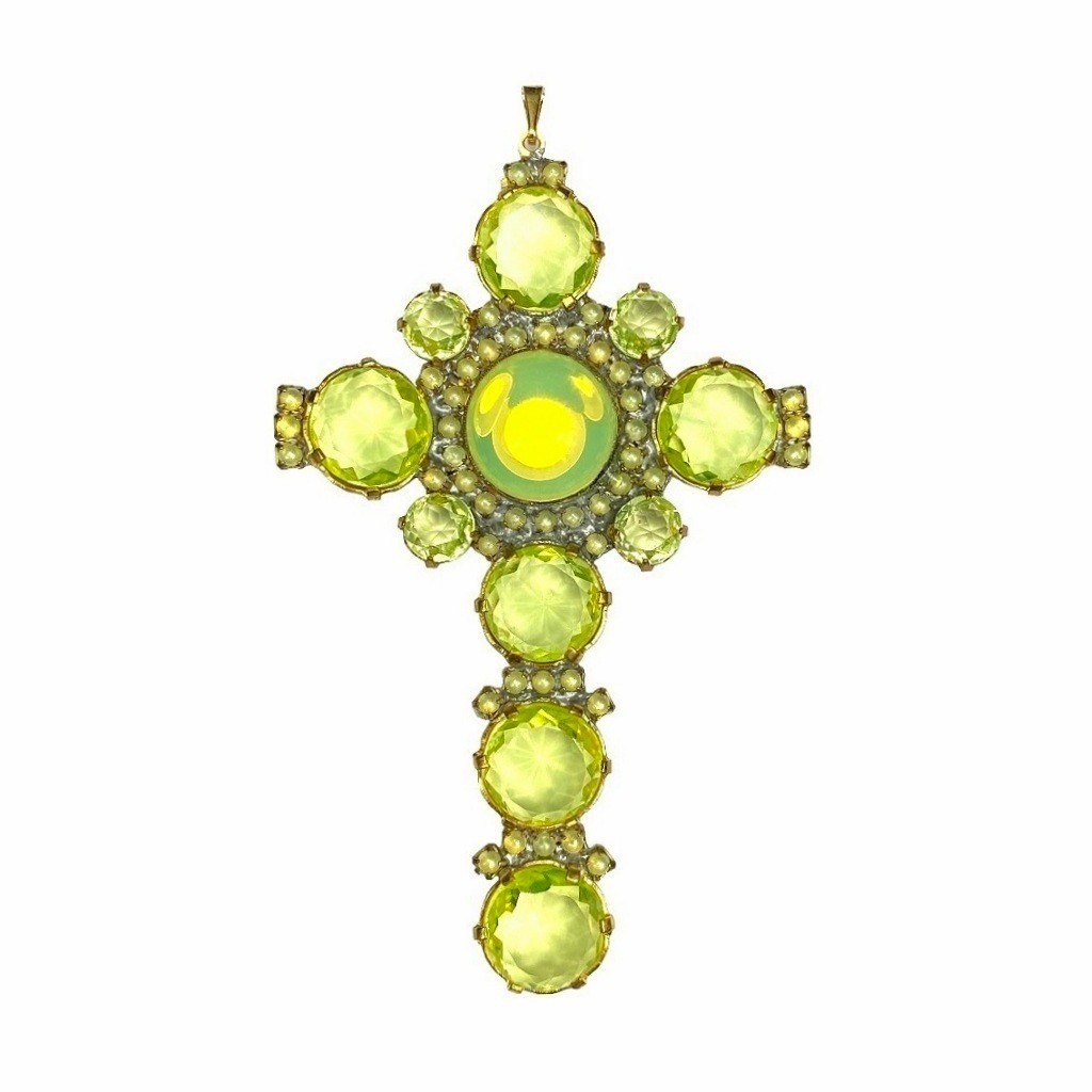 Vaseline Uranium Glass Art Deco Cross Pendant UV Glow — Vintage Jewelry
