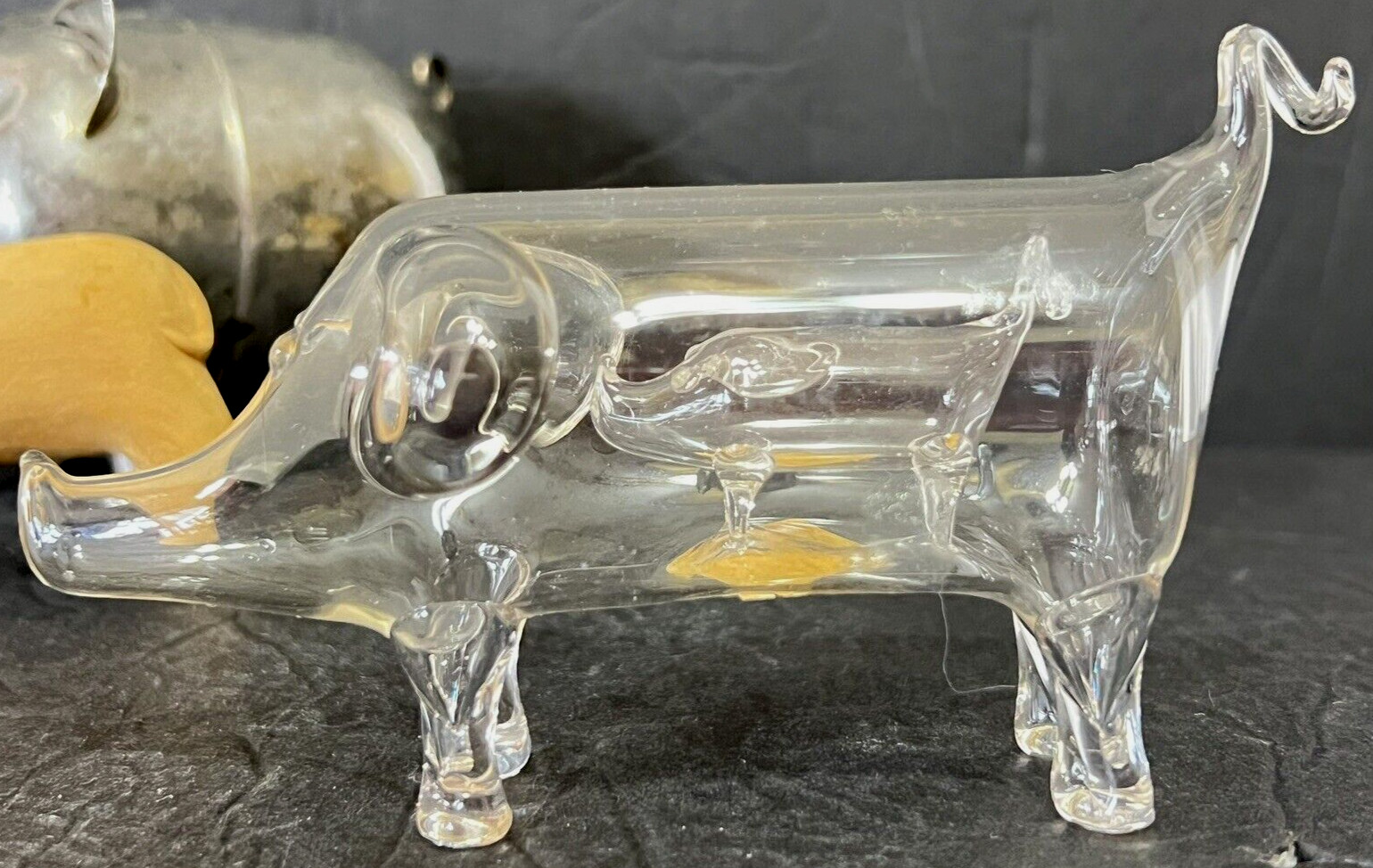 3 VTG PIG FIGURES HANDBLOWN GLASS W/BABY PIG IN BELLY SILVERTONE BANK WOODCARVED