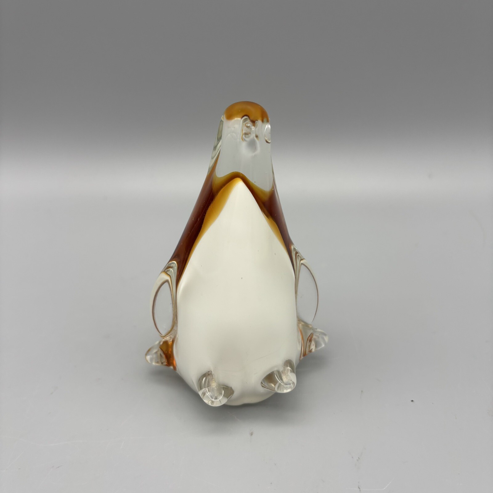 Vintage Amber & white Penguin chick hand fused art glass 4″ tall figurine statue