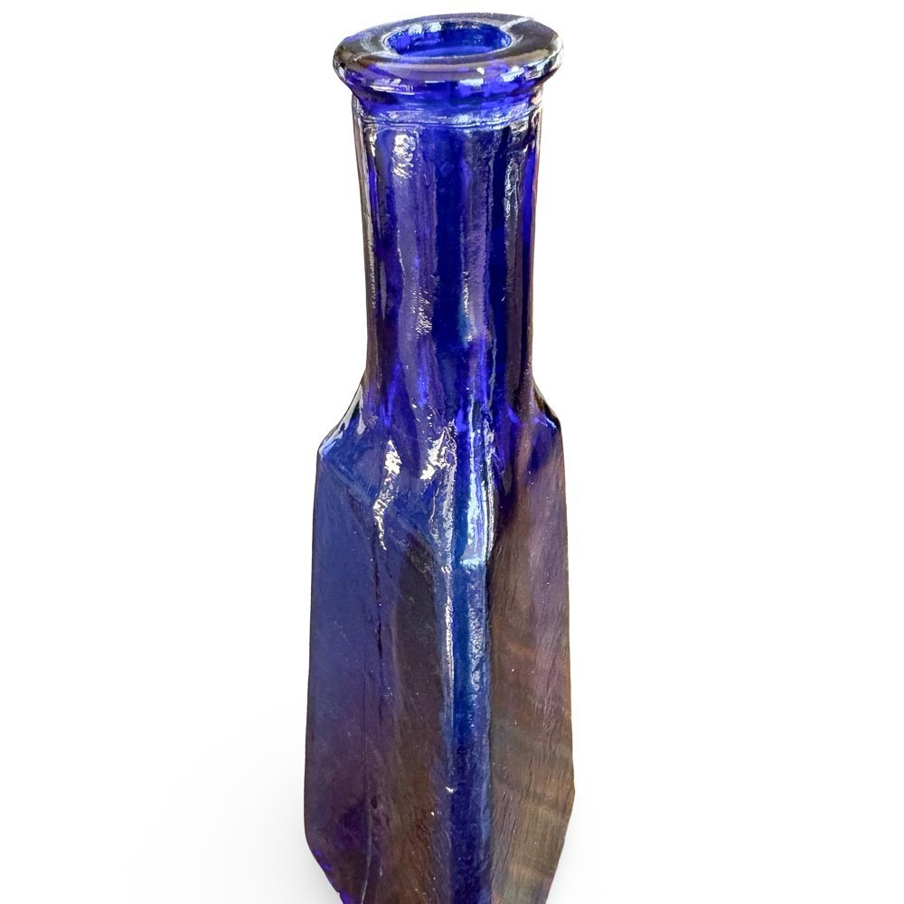 Vintage Cobalt Blue Triangular Glass Bottle Vase 9.5″ Geometric Decor