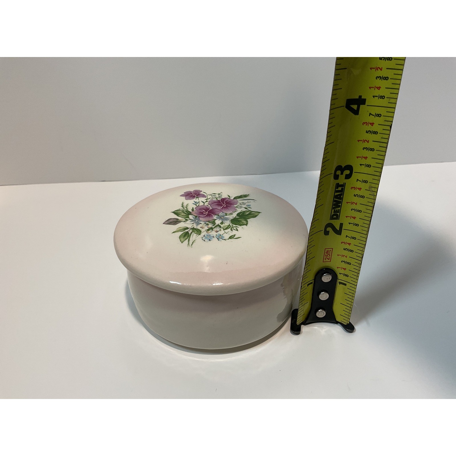 Vintage Ceramic Trinket Box Floral Design Hand Painted Pink Lid
