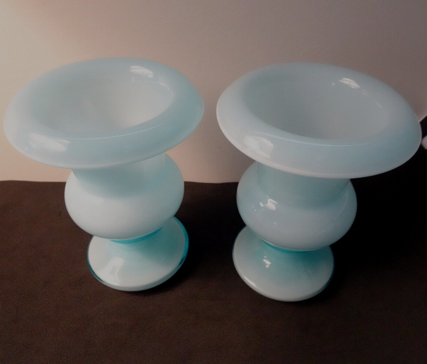 HTF Fenton Art Glass for Weil Ceramics Blue Overlay Milk Crest Rolled Top Vases