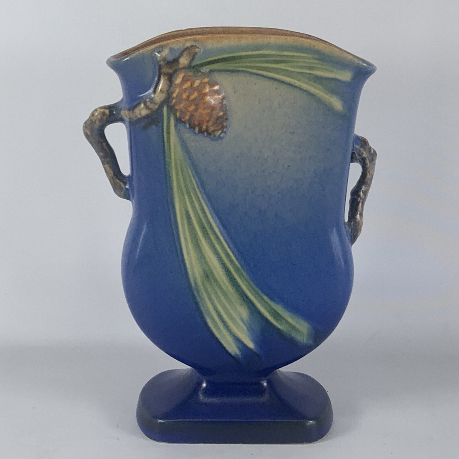 Roseville Pottery Fan Vase Blue Pinecone #121-7 Vintage