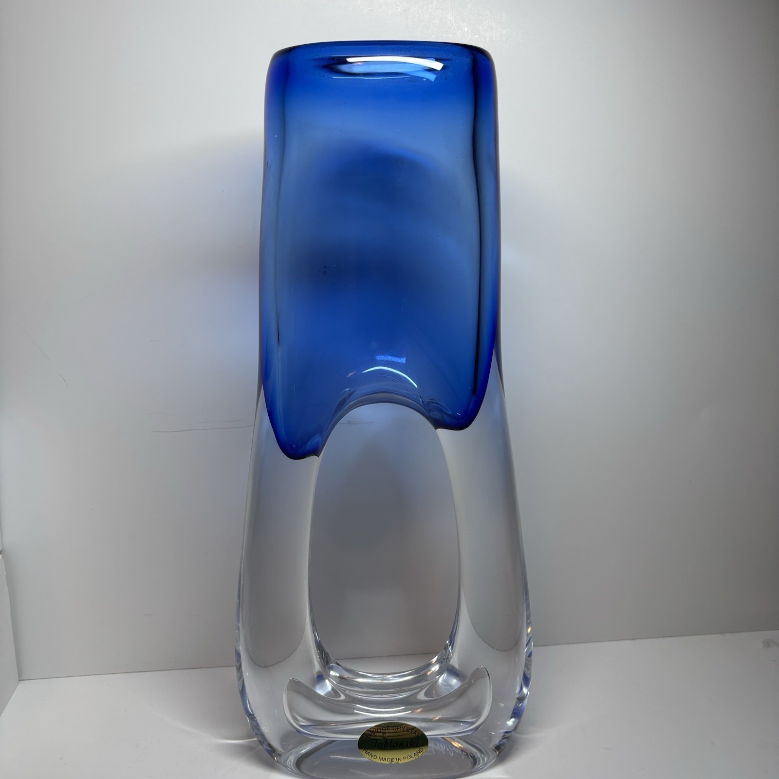 Jablonski Signed Art Glass Vase Cobalt Blue Clear Hand Blown Poland Studio Large
