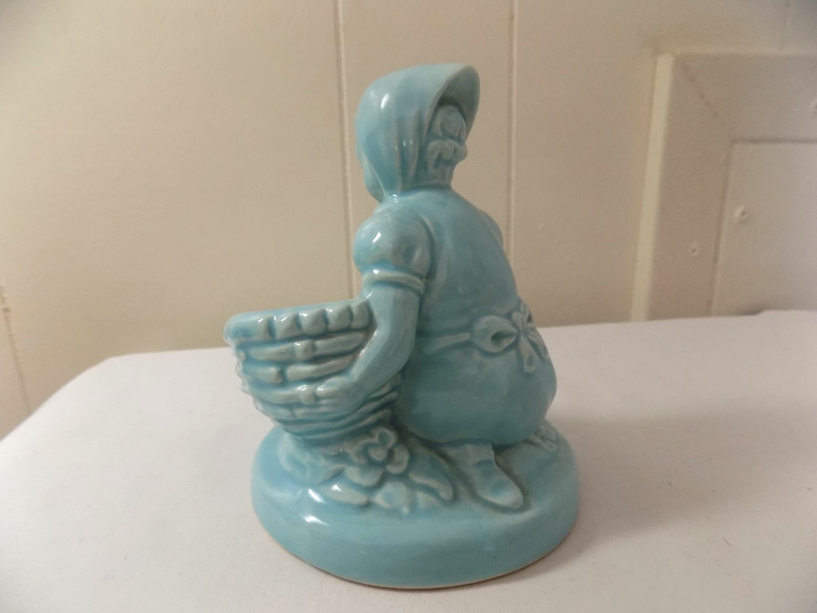 Vintage 1930s Blue Pottery Child W/Duck 5 Inch Figural Cactus Pot Planter