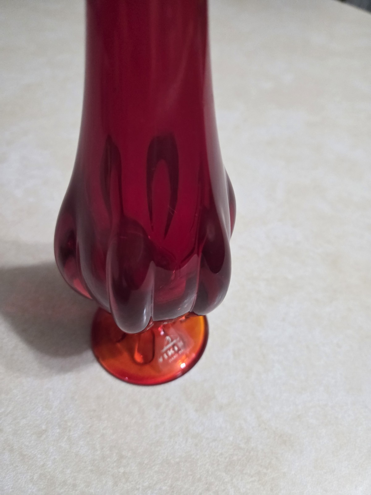 Vintage Viking Glass Swung Footed Vase Ruby Red Amberina Original Sticker