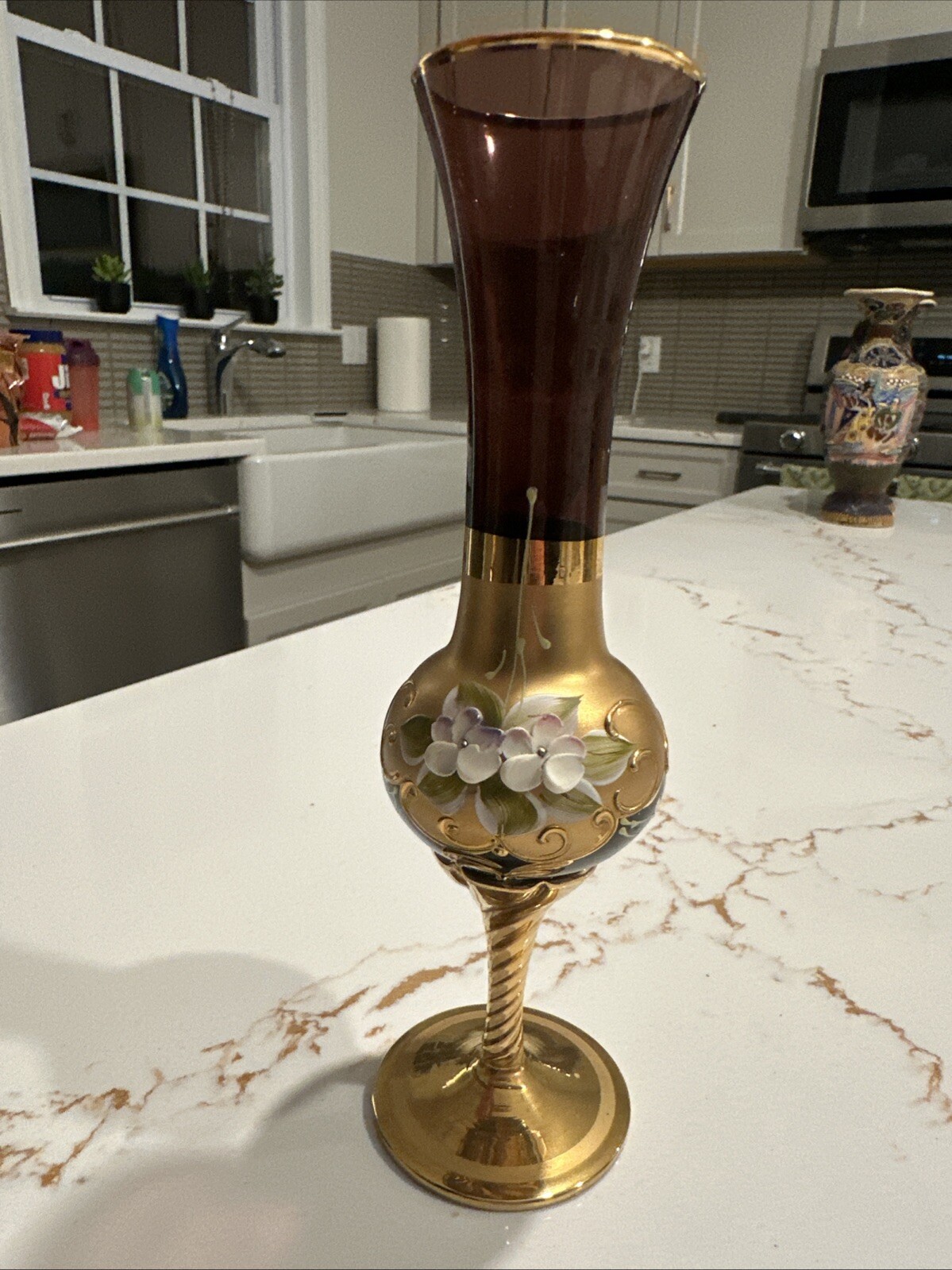 Antique handblown glass vase Purple, Bohemian , Raised Porcelain flowers, Gold