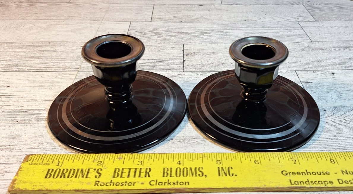 Vintage Black Amethyst Glass Candle Stick Holders Pair Set