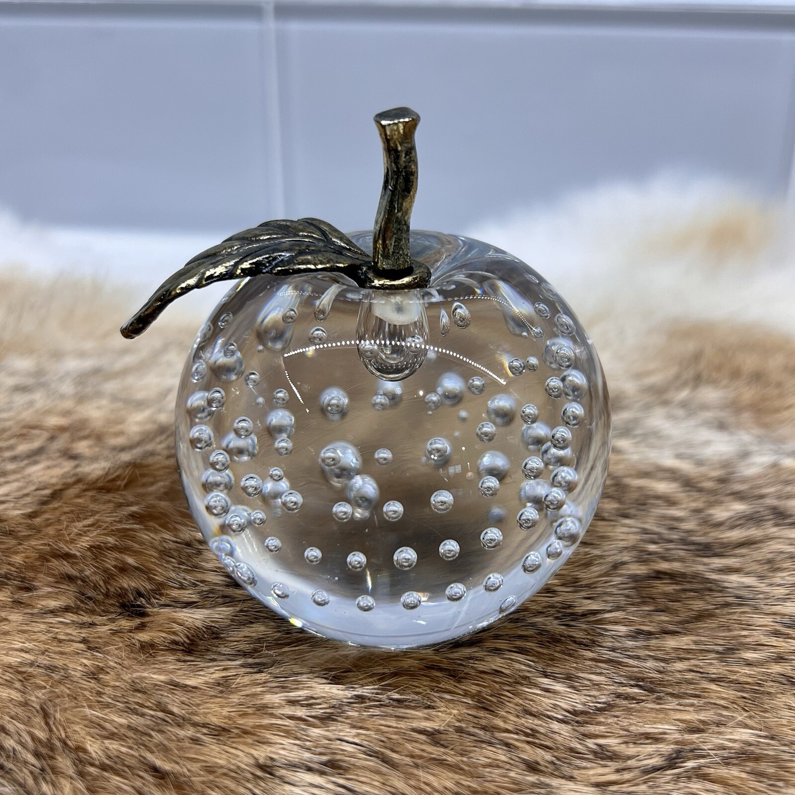 Controlled Bubble Paperweight Art Glass Apple Clear Gold Brass Stem & Leaf