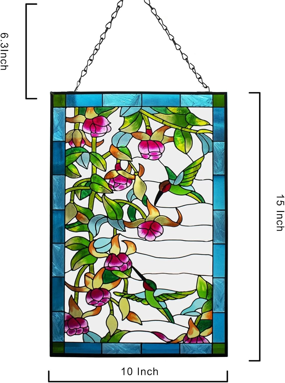 15 x 10″ Vintage Style Stained Glass Hummingbird Window Hanging Suncatcher Panel