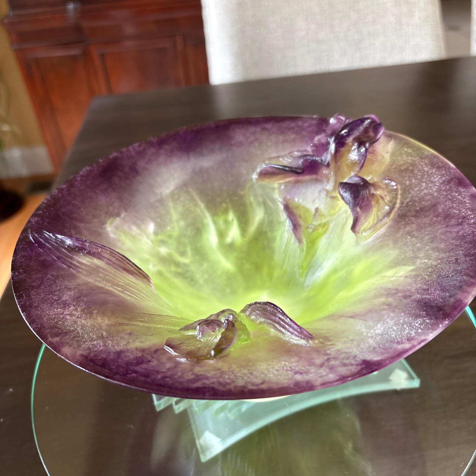 DAUM FRANCE PATE DE VERRE LARGE IRIS CETERPIECE BOWL SIGNED 8 3/4”-MINT