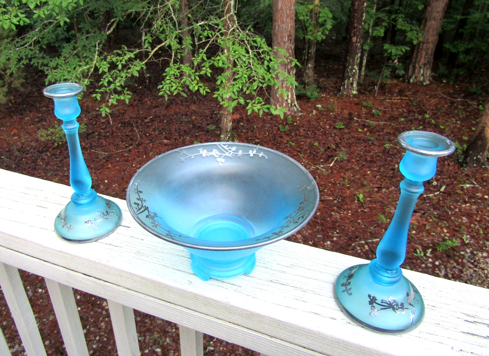 Tiffin Sky Blue Satin Glass CONSOLE BOWL & CANDLESTICK HOLDERS / Silver Overlay