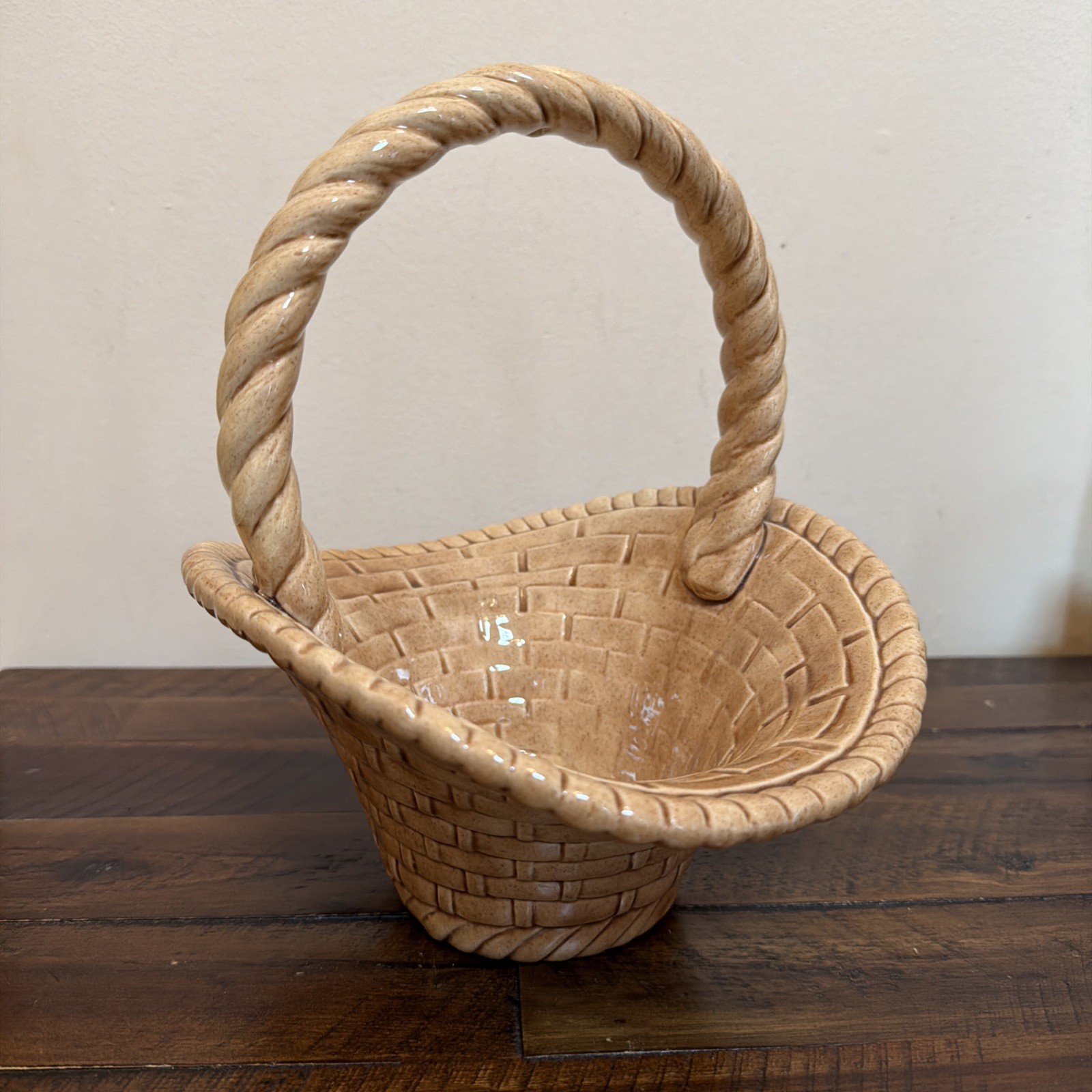 Vintage Handmade Ceramic Brown WOVEN BASKET WITH HANDLE. Signed EB