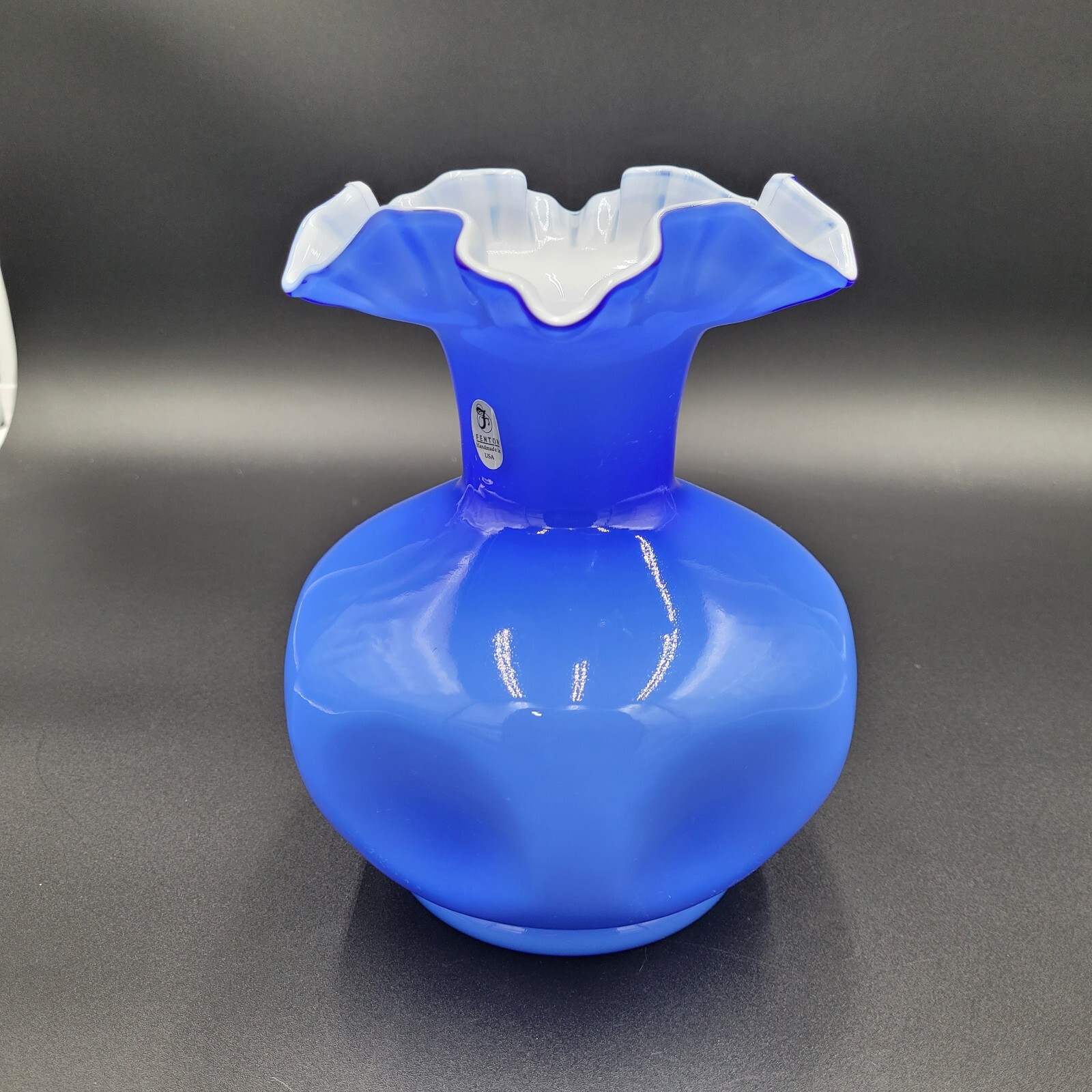 Fenton Canaan Valley Vase Milk Glass with Cobalt Casing Ruffled Crimped Stamped