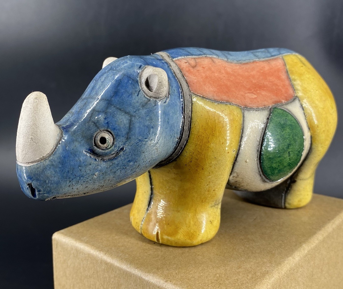 South Africa Art Pottery Raku Rhino RHINOCEROS Colored Animal Handmade Signed
