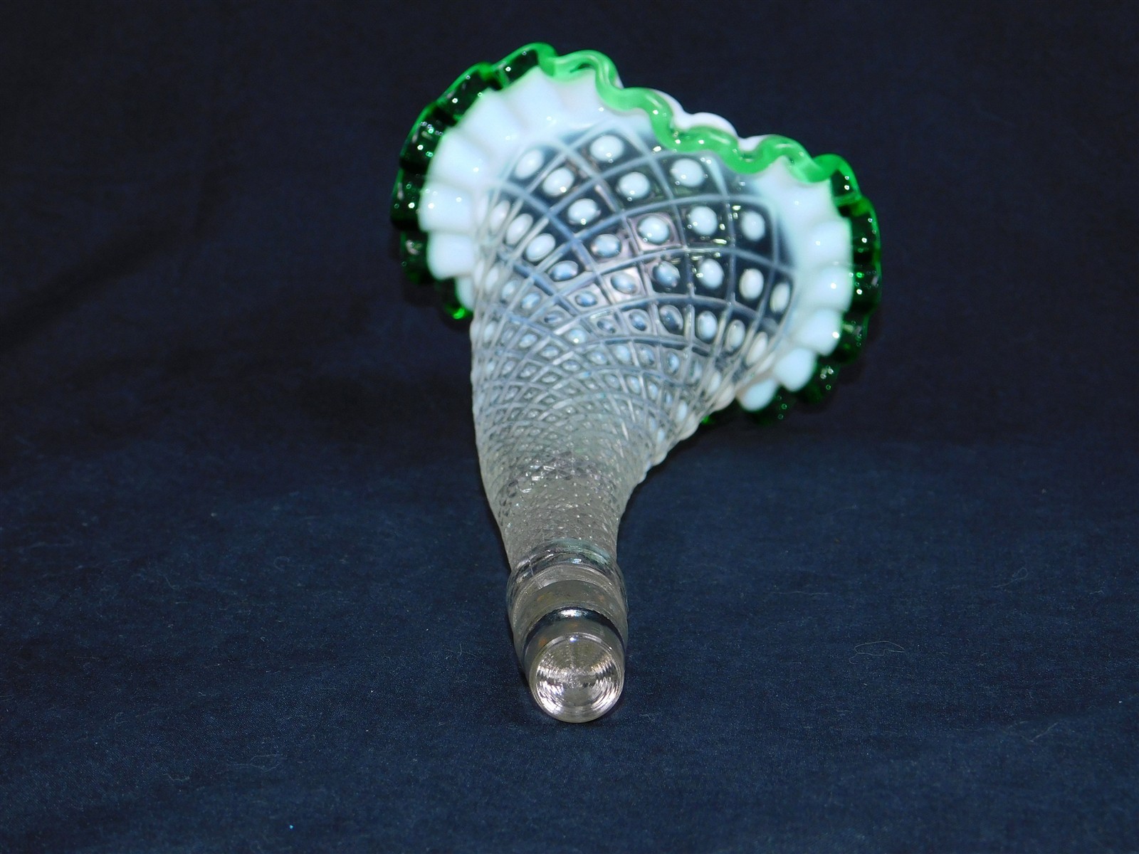 Vtg Fenton Diamond Dot Green Crest Moonstone Glass Epergne Horn Vase 10″