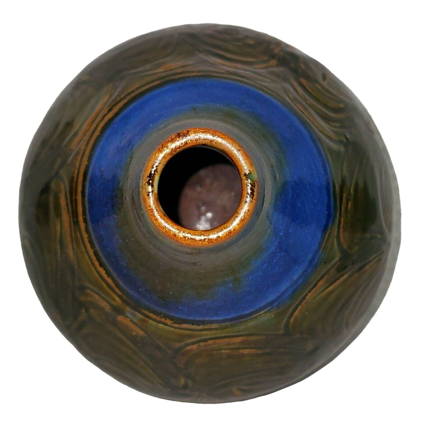 Fine Art Pottery Vase Eckles Brown Blue Olive Squat Vessel Studio Ceramic Retro