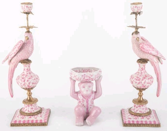 Antique Style Pink Parrot Porcelain & Bronze Candlesticks-Candle Holders Pair