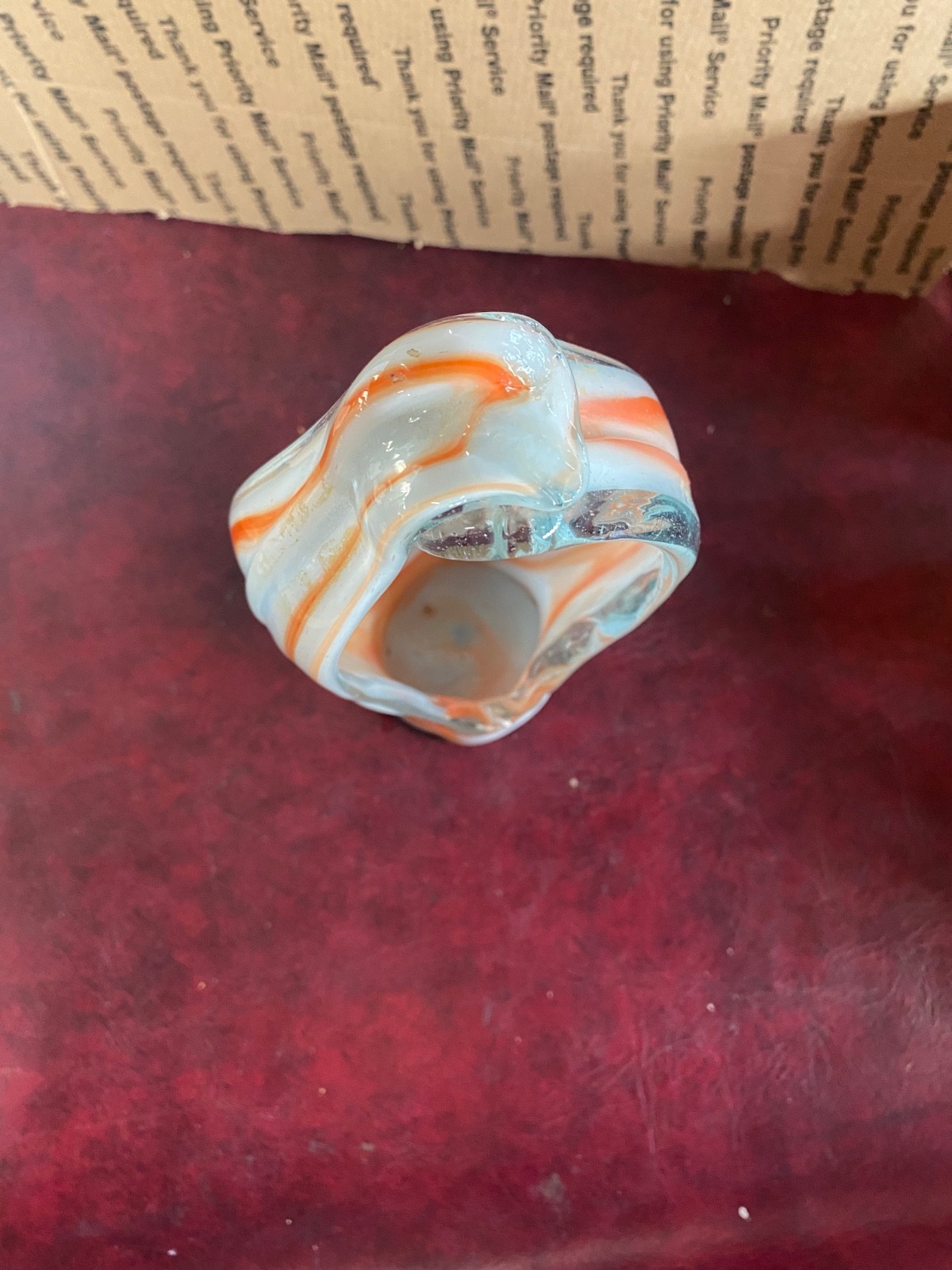 Vtg Handblown Stretch Art Glass Basket Vase Orange White Swirl 11.5″