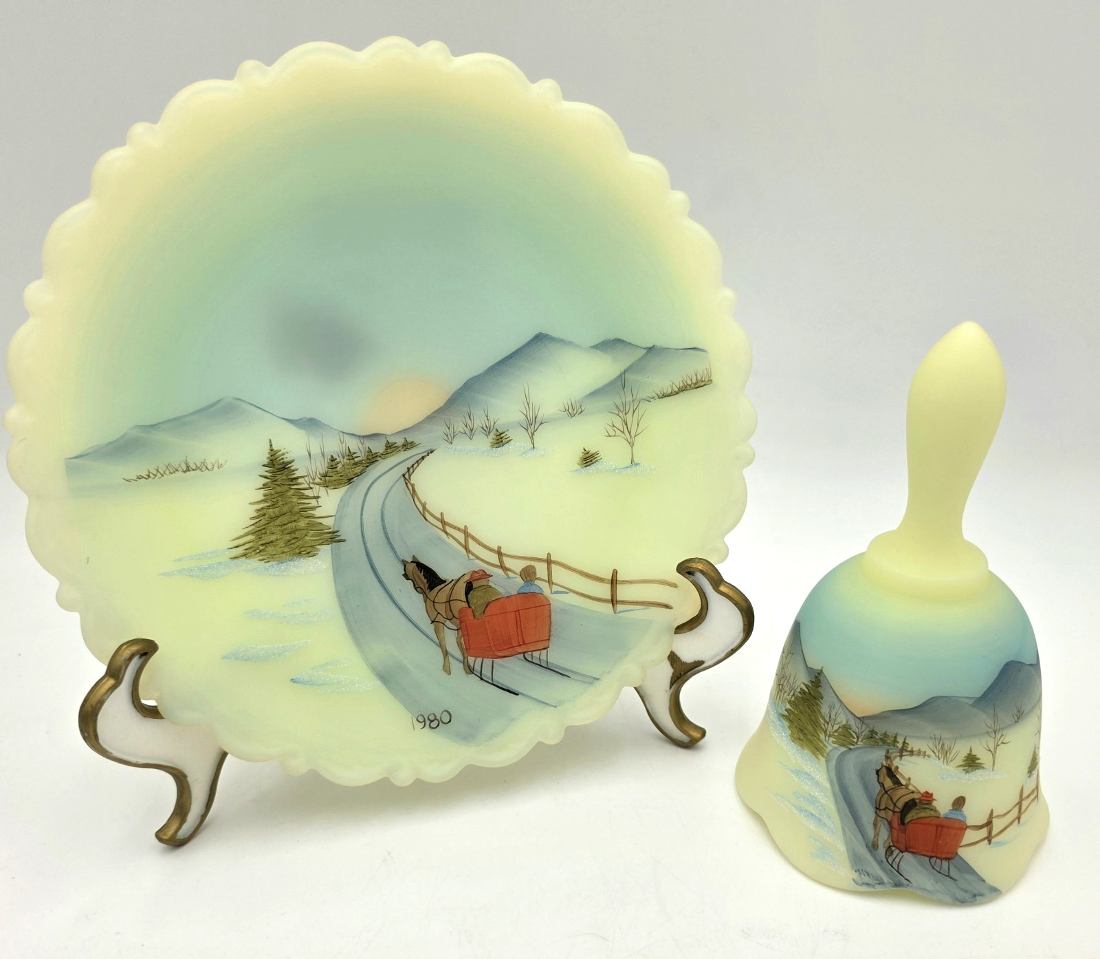 Fenton Custard Glass Plate Bell Set Hand Painted Signed Sleigh Scene UV Reactive