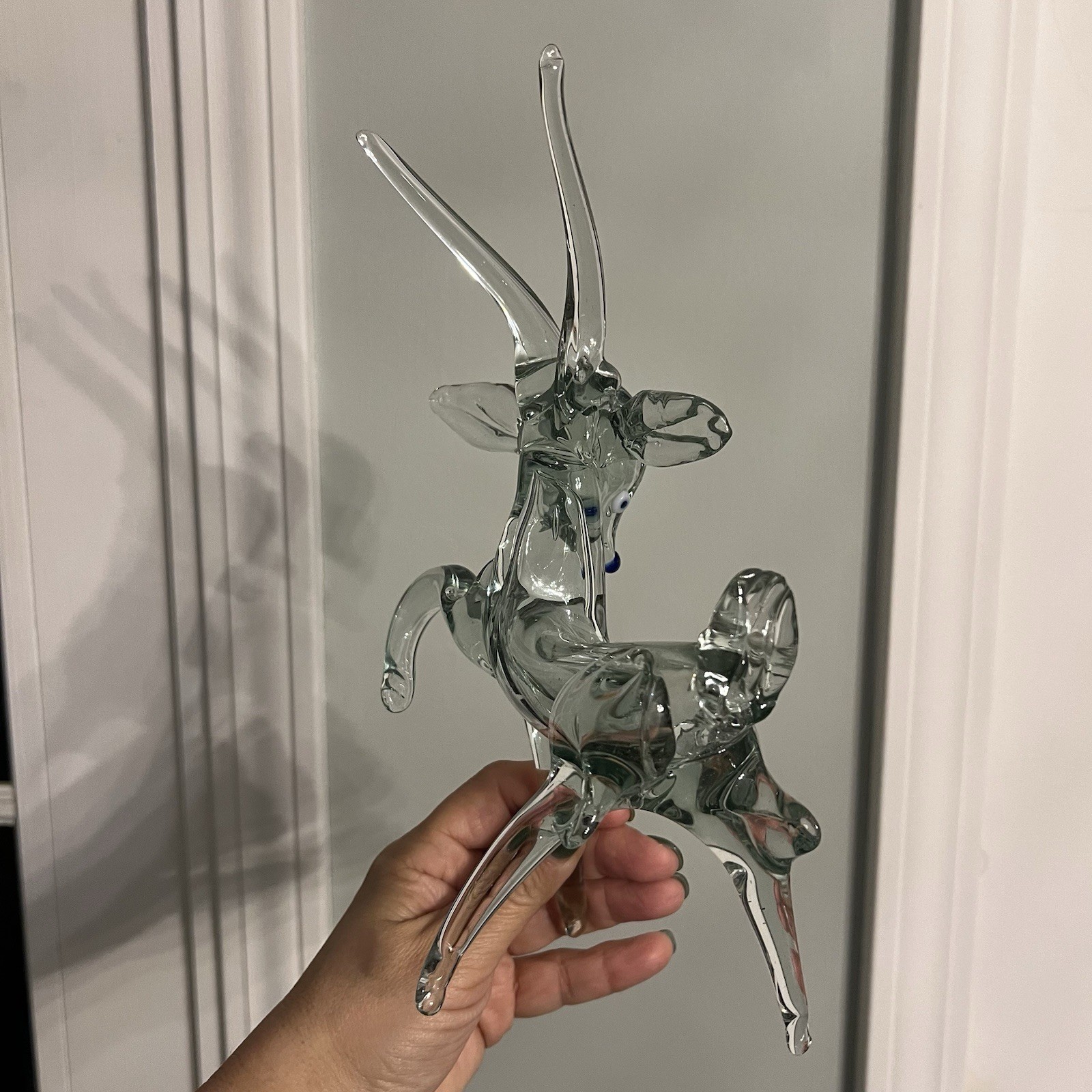 Vintage Hand Blown Glass Reindeer With Blue Nose And Eyes Unique Art Glass