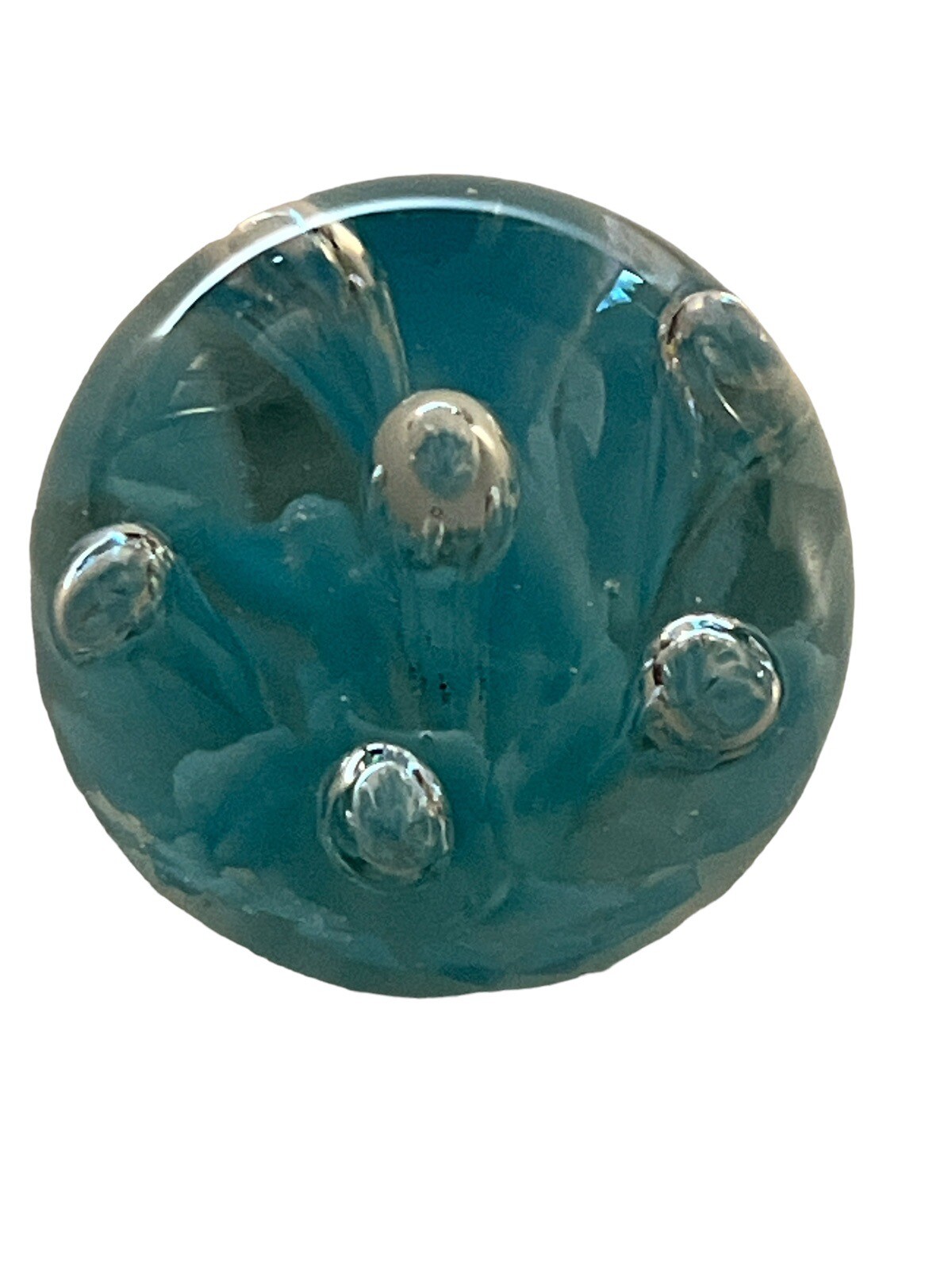 BLOWN GLASS CONTROLLED BUBBLE CLEAR AND BLUE PAPERWEIGHT 2.25” X 1.75”