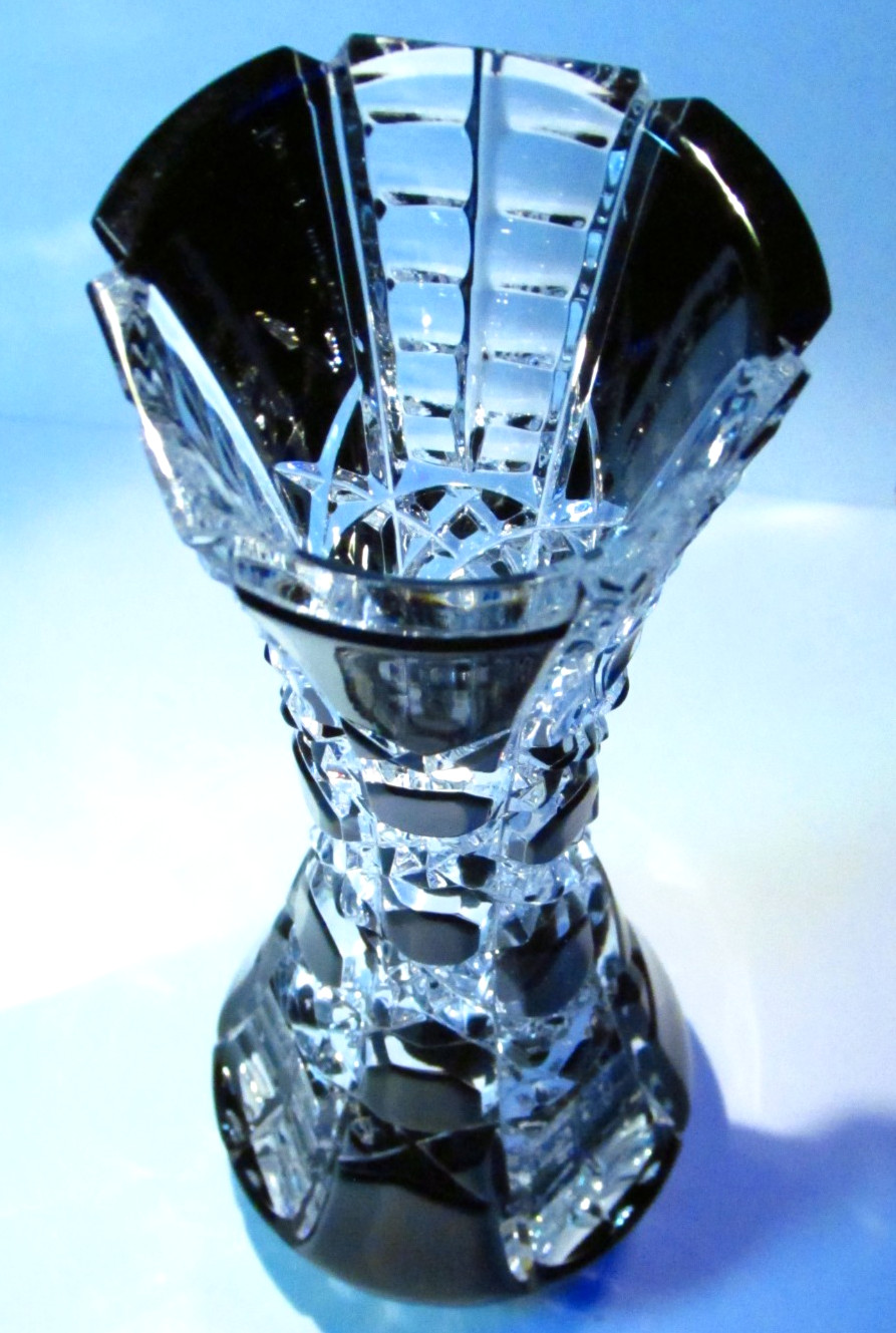 CAESAR CRYSTAL Black Vase Hand Cut to Clear Overlay Czech Bohemia Cased