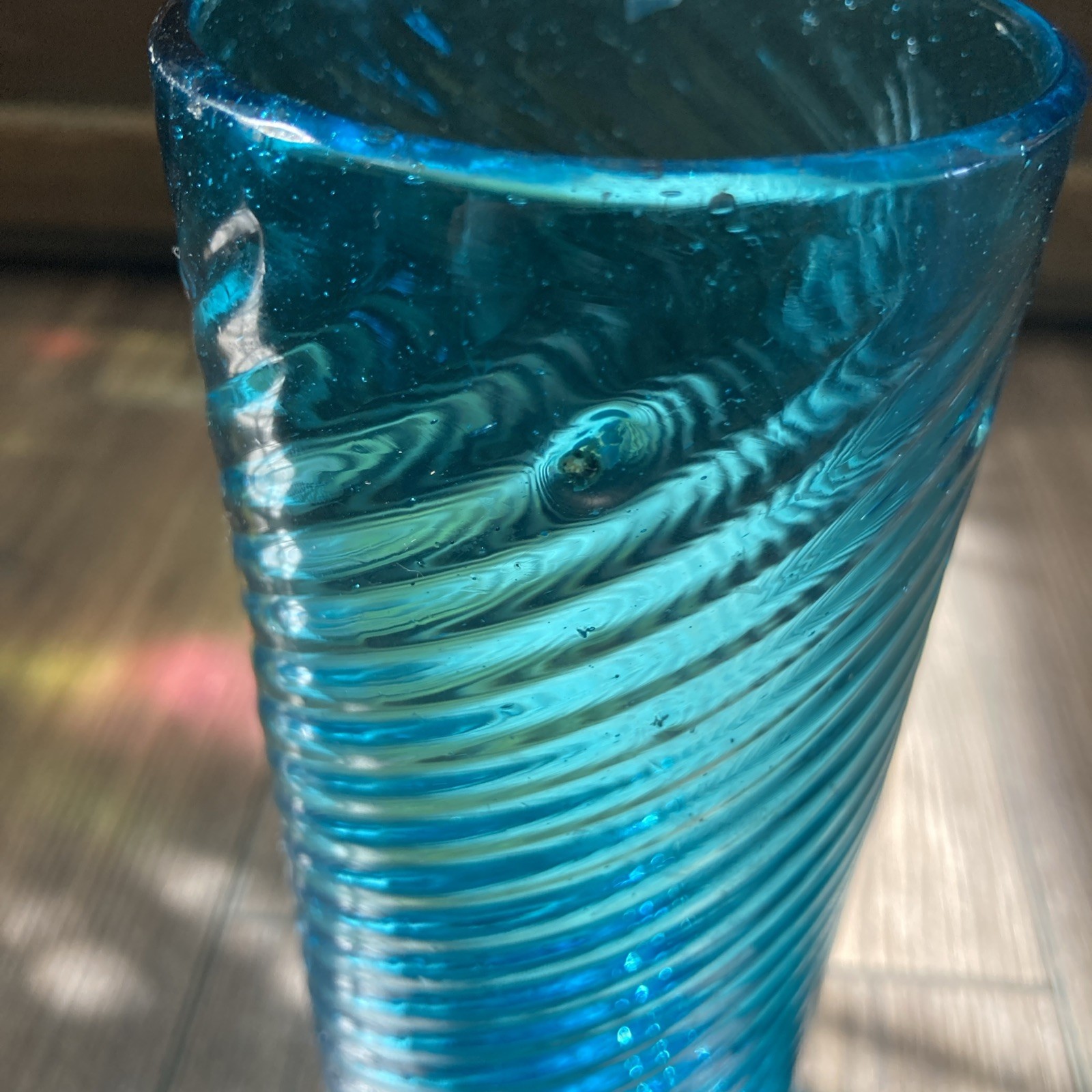 Vintage Empoli Teal Blue Hand Blown Swirl Optic Glass Vase Bubbled MCM