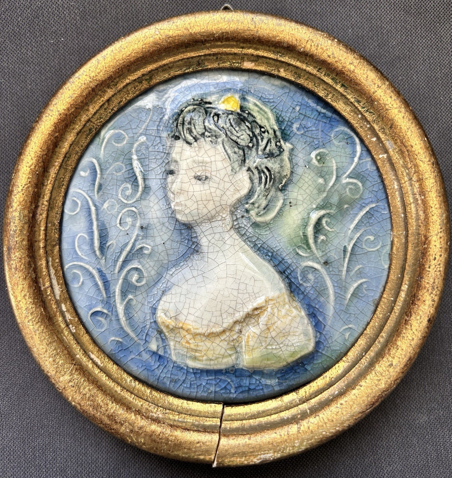 Vintage Esmalte Artesano Italian Majolica Relief Ceramic Tile Framed – 5 3/8”
