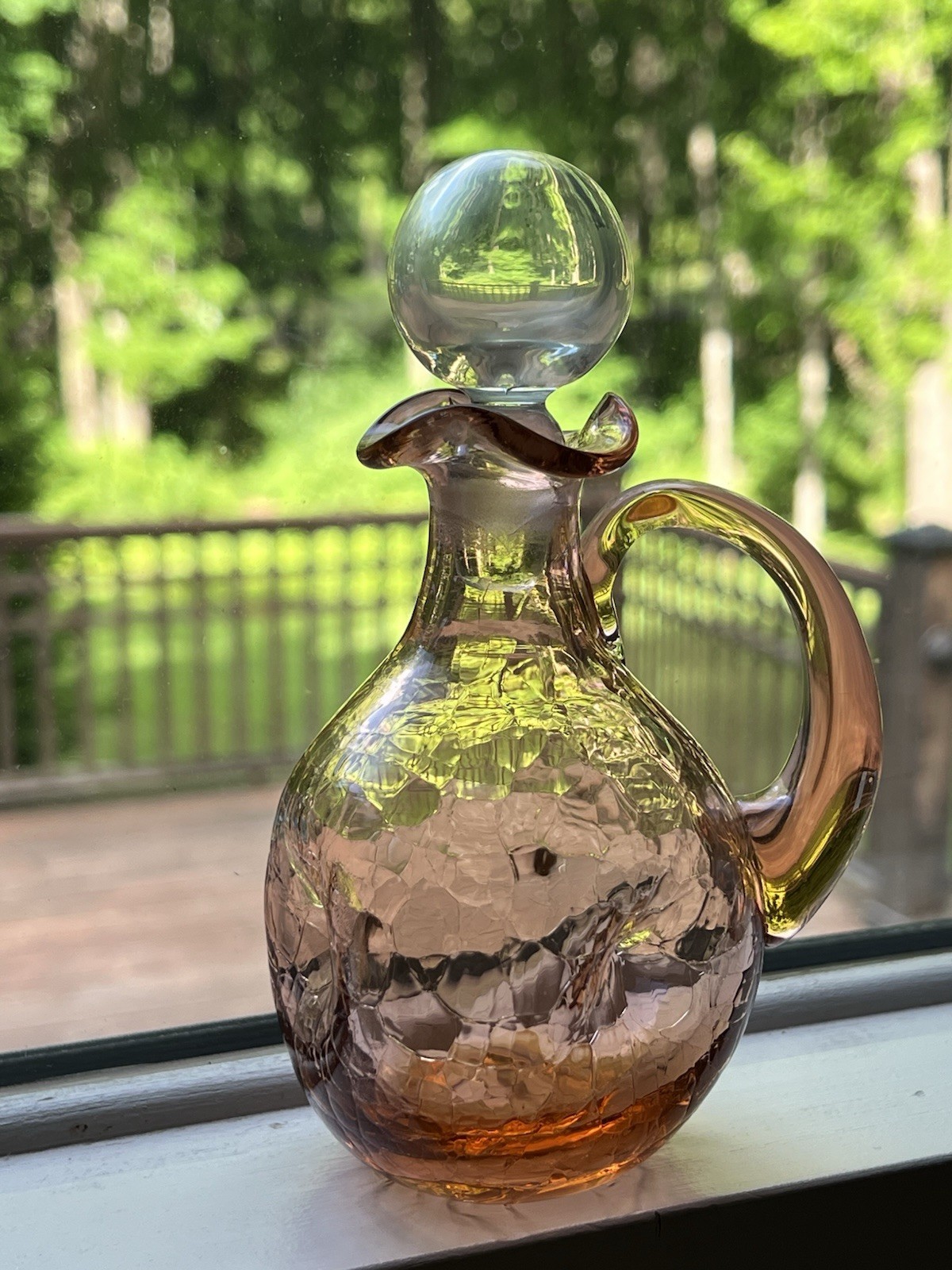 Vintage Amber Crackle Glass Pinched Cruet Hand Blown Clear Round Top 5″ h x 3″ w